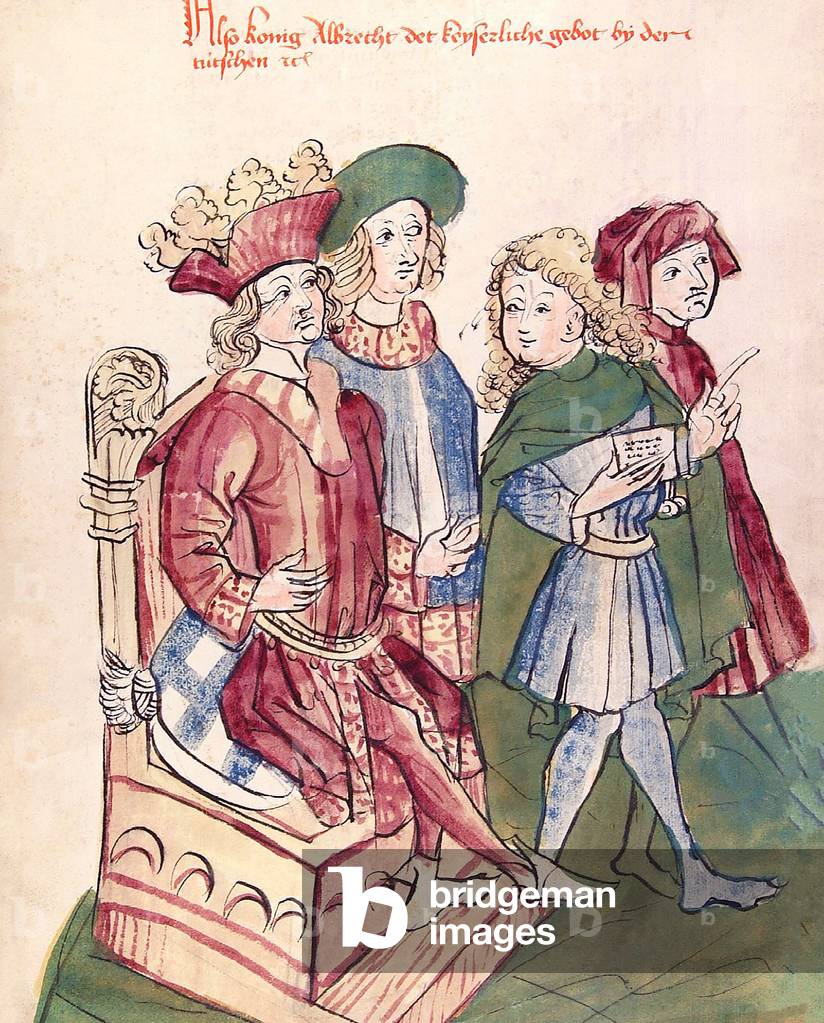 Germany: 'King Albert Sends a Messenger to Pope Boniface for his Imperial Crown', watercolour painting from the workshop of Diebold Lauber (1427-1471), 1450