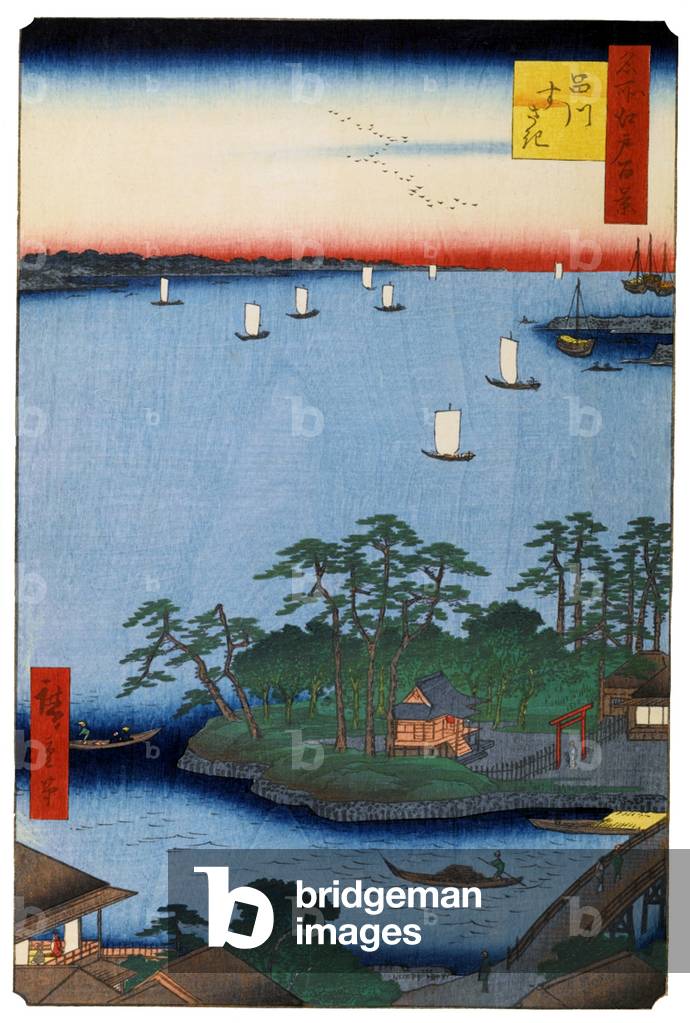 Japan: Autumn: Shinagawa Susaki ; Meguro River, Benten Shrine, Edo Bay. Image 83 of '100 Famous Views of Edo'. Utagawa Hiroshige (first published 1856-59)