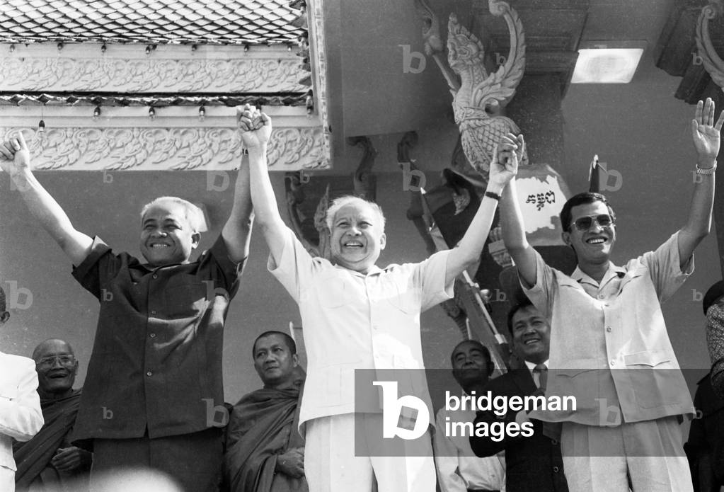 Cambodia: Chea Sim (left), Norodom Sihanouk (centre) and Hun Sen (right) at a political rally, location and date unknown, but c. 1990s