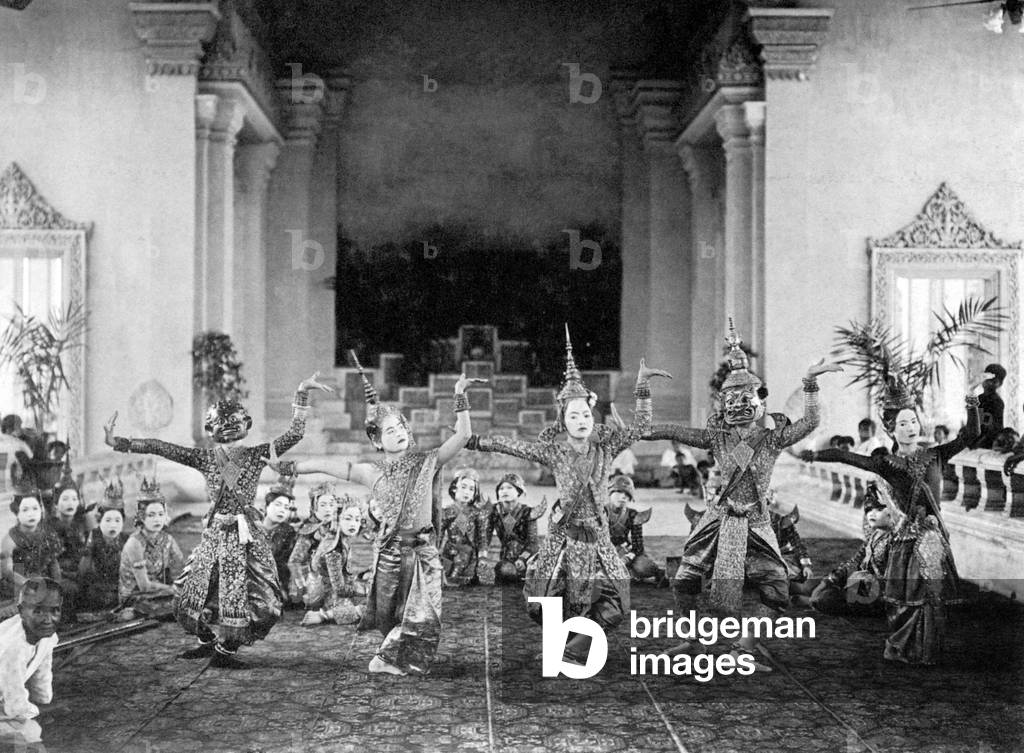 Cambodia: A 1929 photograph of a rehearsal of the Khmer Royal Ballet at the Chanchay Pavilion in Phnom Penh.