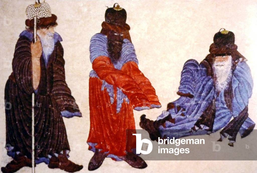 Central Asia: Siyah Kalem School, 15th century, Two men and a demon, all wearing long-sleeved Central Asian chapan which hide their hands