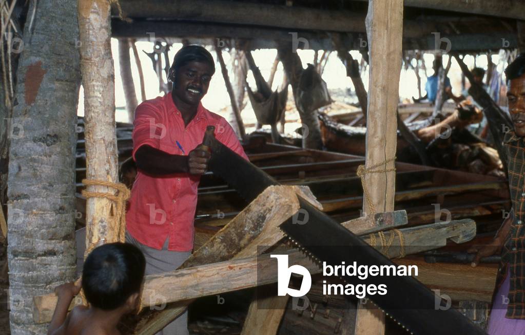Maldives: A traditional Maldivian boat builder, Addu Atoll (Seenu Atoll) 1980