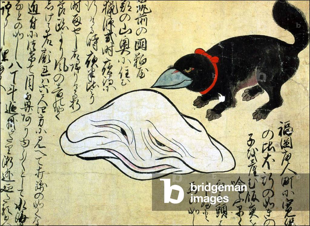 Japan: A white monster and a bird-dog hybrid monster. From the Kaikidan Ekotoba Monster Scroll, mid-19th century.
