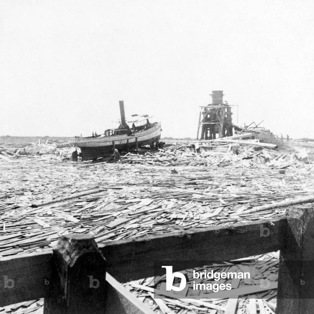 USA: The 1900 Galveston Hurricane. 'Floating wreckage near Texas City - a typical scene for miles along the water front', 1900