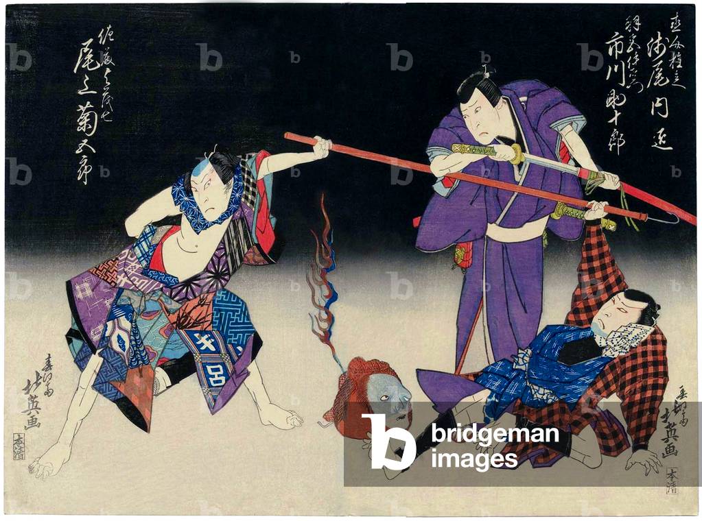 Japan: Actors Asao Takumi I as Naosuke Gonbei, Ichikawa Sukejûrô I as Hamiya Iemon (R), and Onoe Kikugorô III as Satô Yomoshichi (L). Shunbaisai Hokuei (fl. 1824-1837), 1831