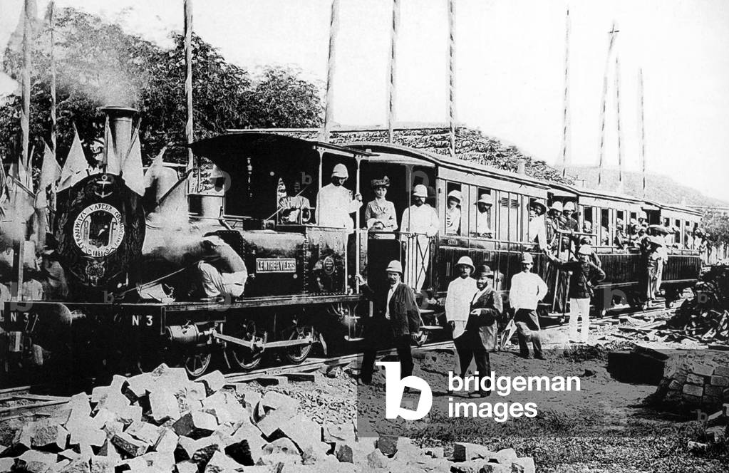 Vietnam: A steam locomotive on the Saigon to My Tho railway line in the Mekong Delta (early 20th century)