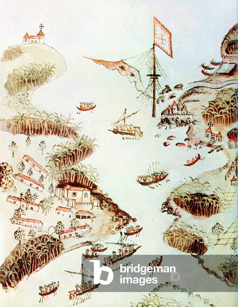 Portugal/ India: When Viceroy Pedro Mascarenhas' fleet arrived in Goa in 1544, his ship sank in the harbor. In this illustration, his flag can be seen on a submerged mast.