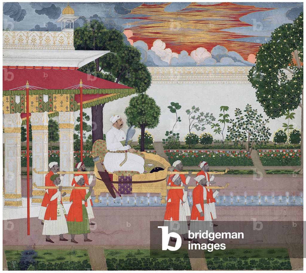 India: The Mughal emperor Muhammad Shah with a falcon being carried in a palanquin. Atttributed to Chitarman, c. 1735