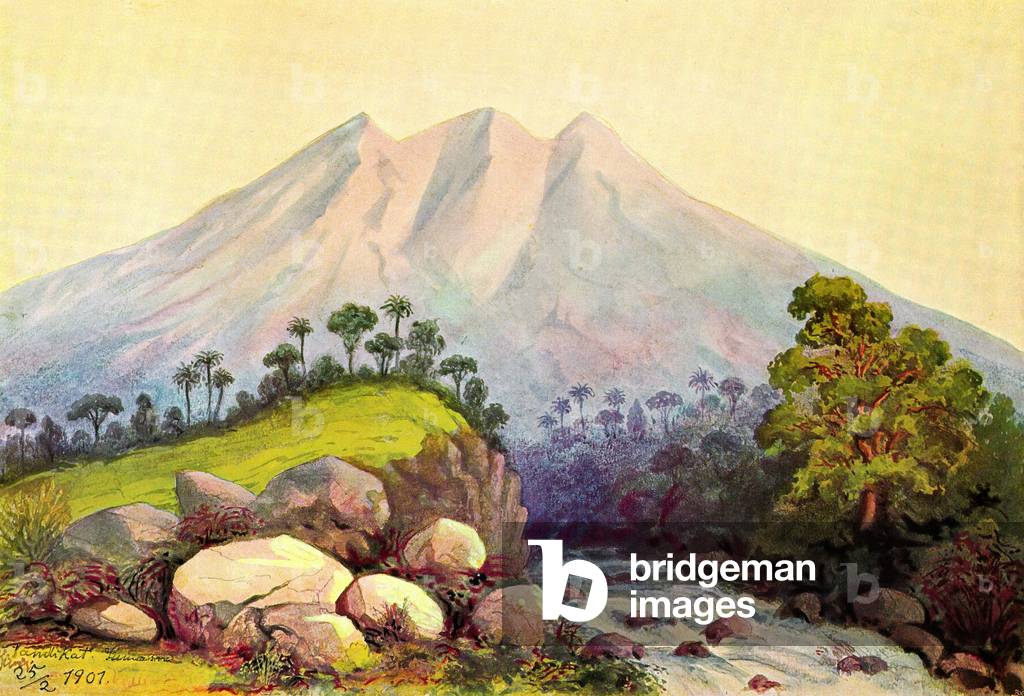 Indonesia: Tandikat Volcano on the Island of Sumatra. Watercolour by the German scientist and traveller Ernst Haeckel, c.1882.