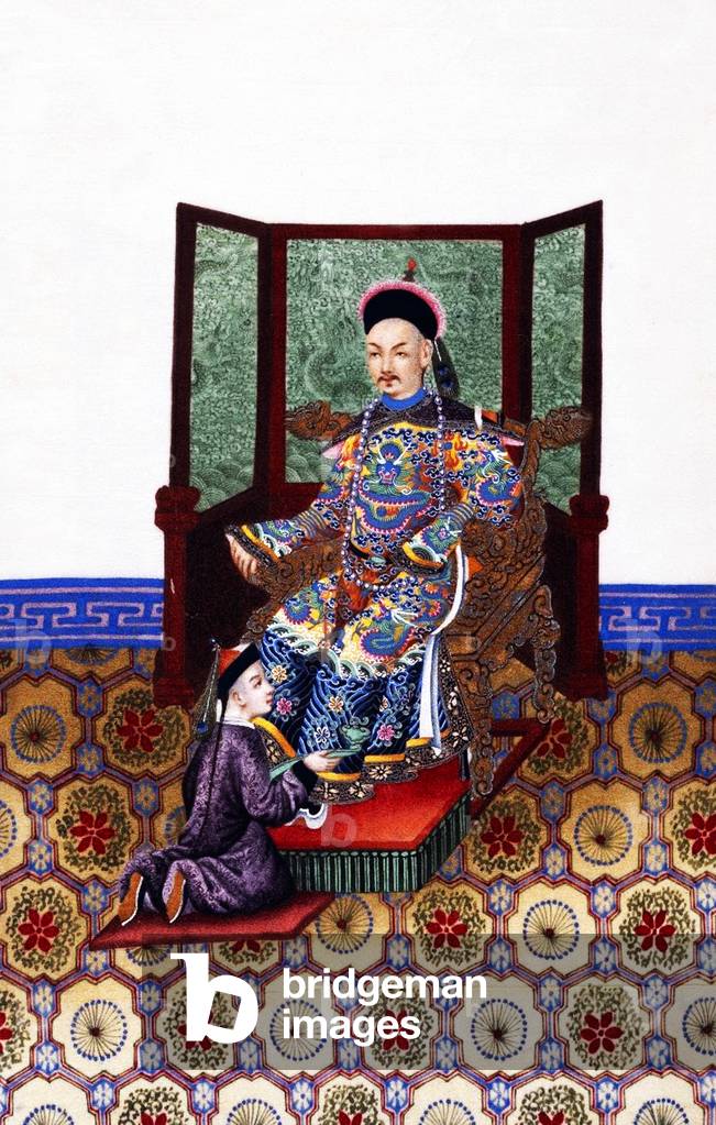 China: Hand-painted representation of master and servant in 19th century Qing Dynasty high society