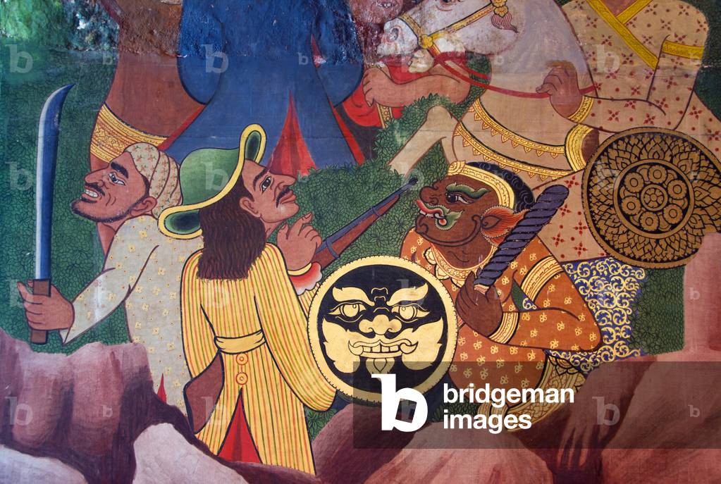 Thailand: Foreigners in a Thai mural, Wat Saket and the Golden Mount, Bangkok