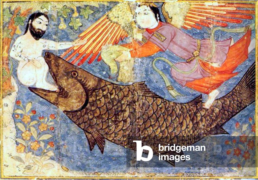 Iran / Persia: Jonah rescued from the belly of the whale, helped by an angel. Rashid al-Din, c. 1300