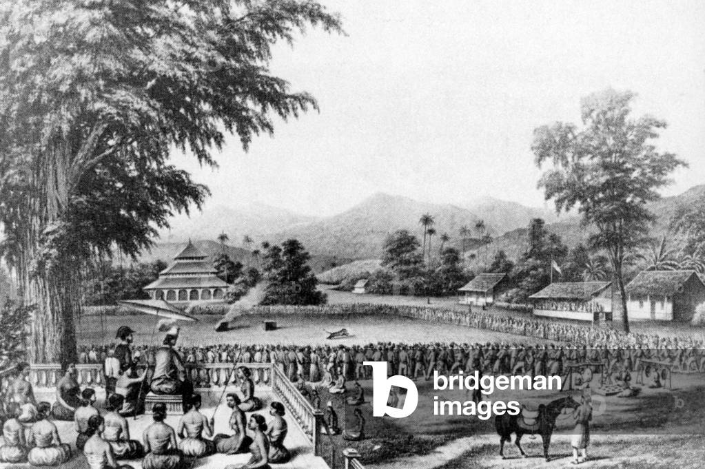 Indonesia: Sketched by Dutch commander Hubert Joseph Jean Lambert de Stuers c. 1825, this drawing depicts a tiger fight in an arena in central Java.