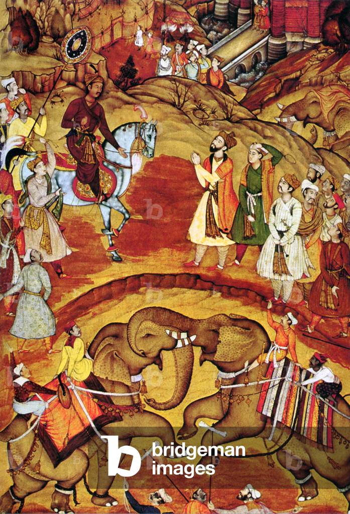 India: Indian Emperor Akbar receives the news that his second son has been born while watching an elephant fight, 1570.