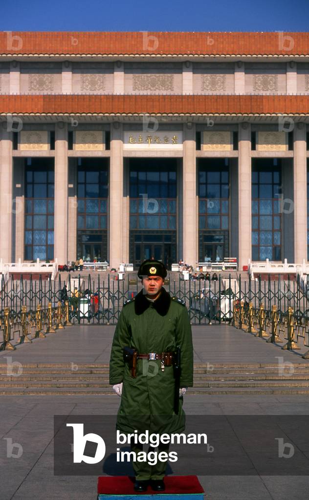 China: A soldier guards Mao Zedong's Mausoleum, Tiananmen Square, Beijing