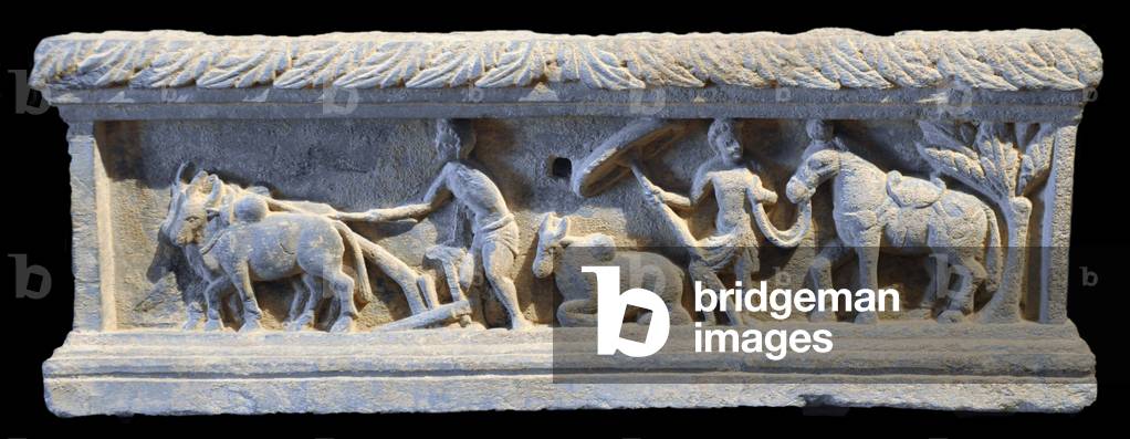 India: King Suddhodana (father of Prince Siddhartha) performs the ploughing ritual, Gandhara region, northern India, 3rd-4th century CE