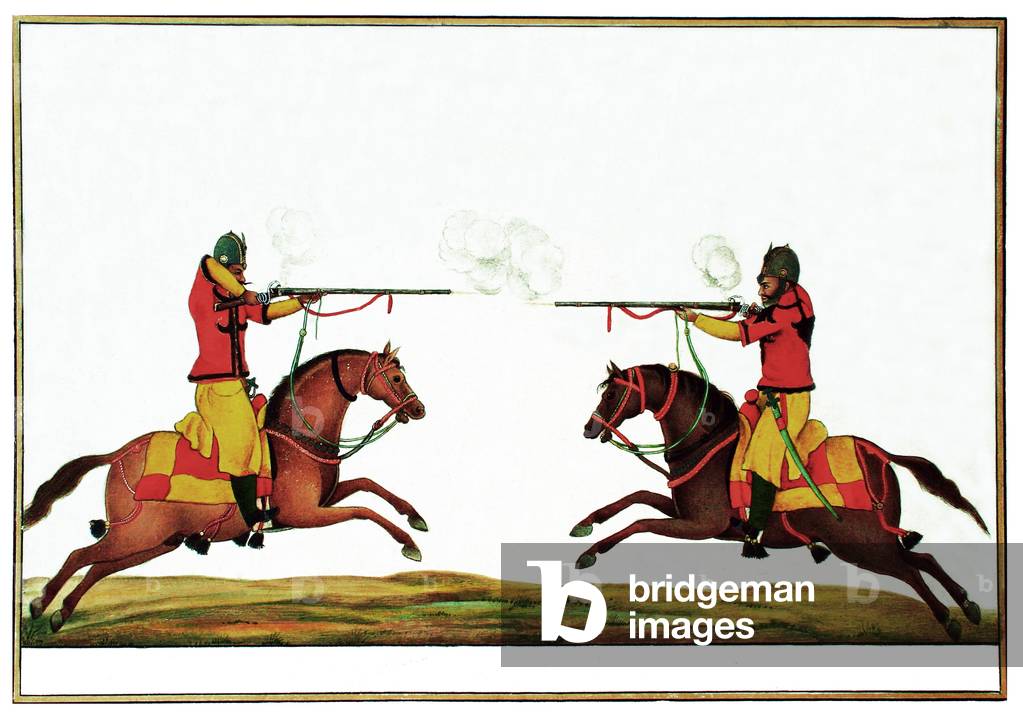 India: Musket cavalry of Skinner's Horse fire blanks in combat training for head on attack of the enemy. Anglo-Indian 'Company School, Delhi, circa 1825-40