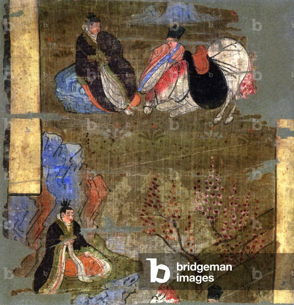 China: The Buddha-to-be leaves his father's palace and says goodbye to his horse and groom. Dunhuang, 9th century.