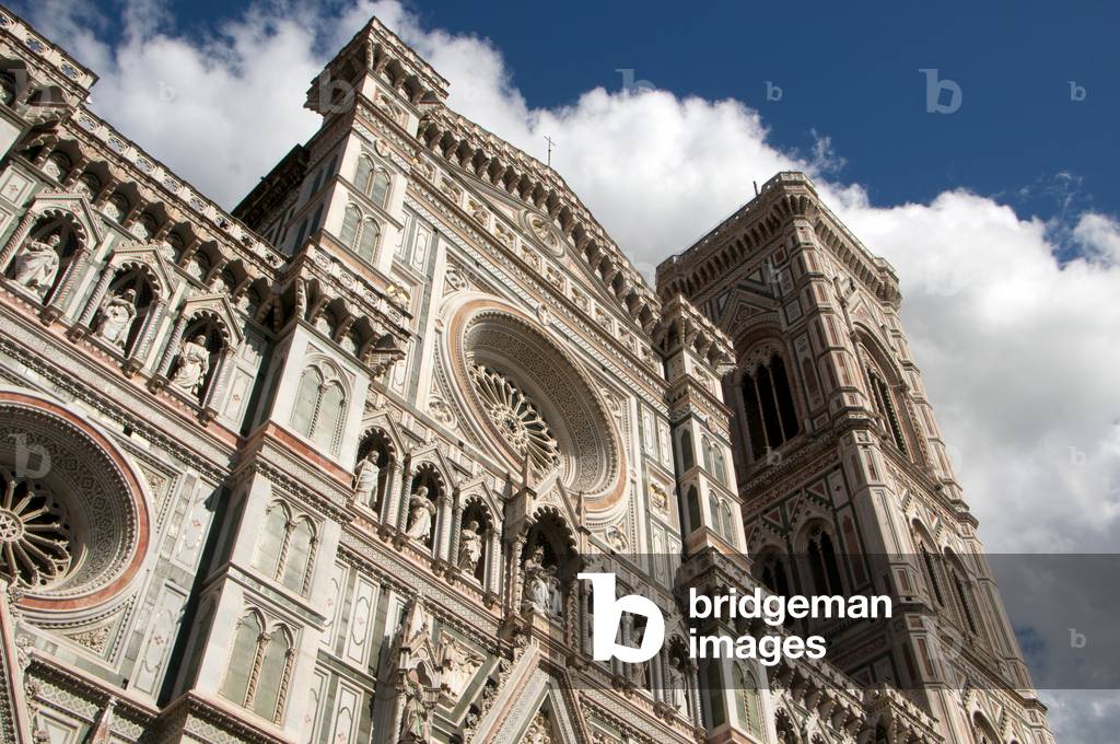 Italy: The facade of the Cattedrale di Santa Maria del Fiore (Cathedral of Saint Mary of the Flowers, also known as Il Duomo di Firenze), Piazza del Duomo, Florence