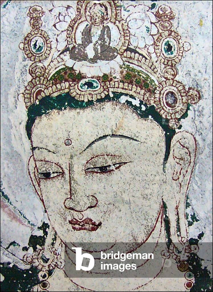 Japan: Lost Horyuji Temple fresco from a pre-1949 photograph: No.6 wall, Amitabha Buddha Paradise detail, Avalokitesvara face.