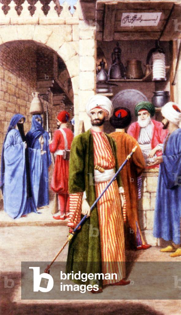 Egypt: An illustration by Edward w. Lane depicting a backstreet of Cairo. A noble man stands in front of a copperware shop while a soldier of Mohammed Ali's army questions two women.
