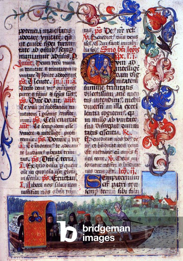 Illuminated manuscript depicting Cistercian abbot Johannes Stantenat of Salem, monks, and musicians boating on Lake Constance, the Bodensee, 1494