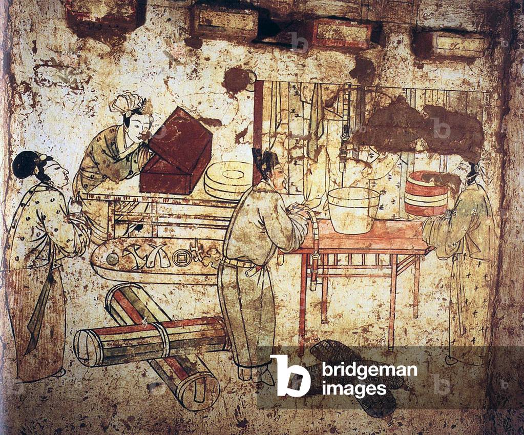 China: Domestic scene in a mural in the tomb of Han Shixun, Xuanhua, Hebei, Liao Dynasty (1093-1117).