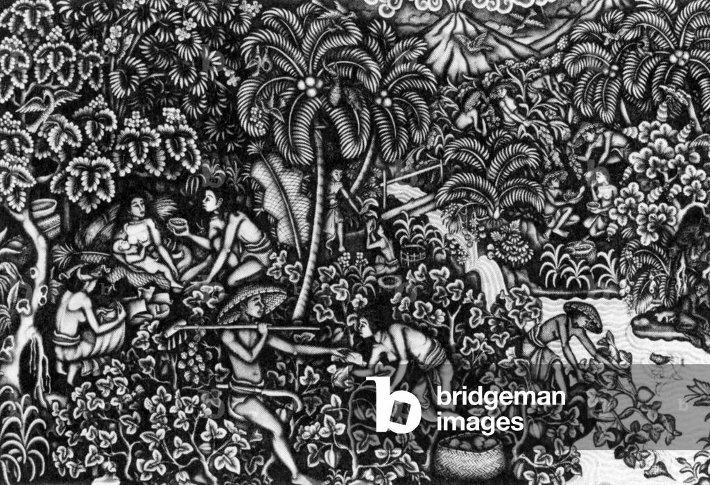 Indonesia: A 1940s painting of a cotton harvest scene in Bali.