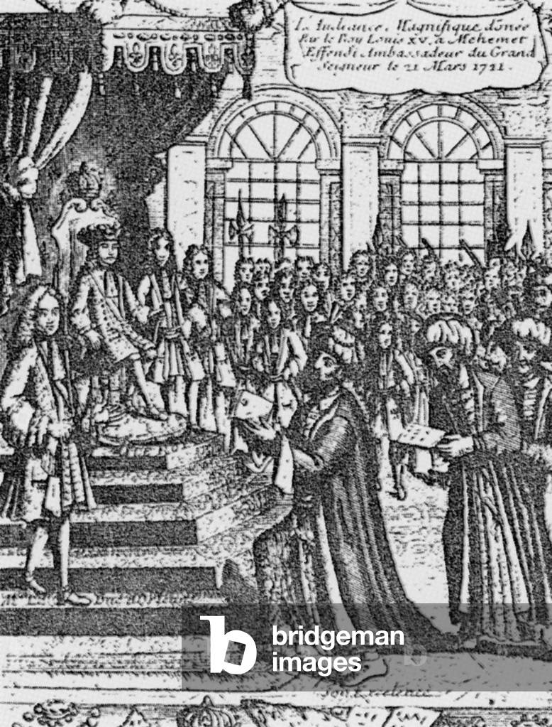 France/ Turkey: Ottoman ambassador Mehmet Efendi presents his credentials to King Louis XV at Versailles in 1721. French Foreign Minister Guillaume Dubois is depicted standing on the left.
