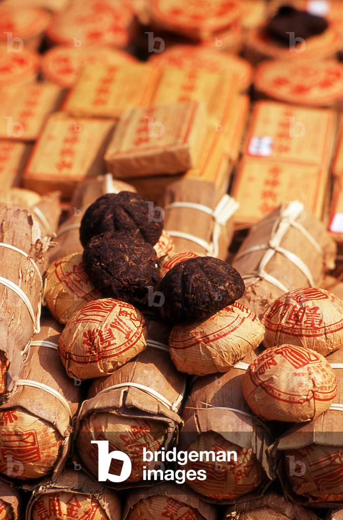 China: Blocks of tea for sale in a market in Foshan, Guangdong Province