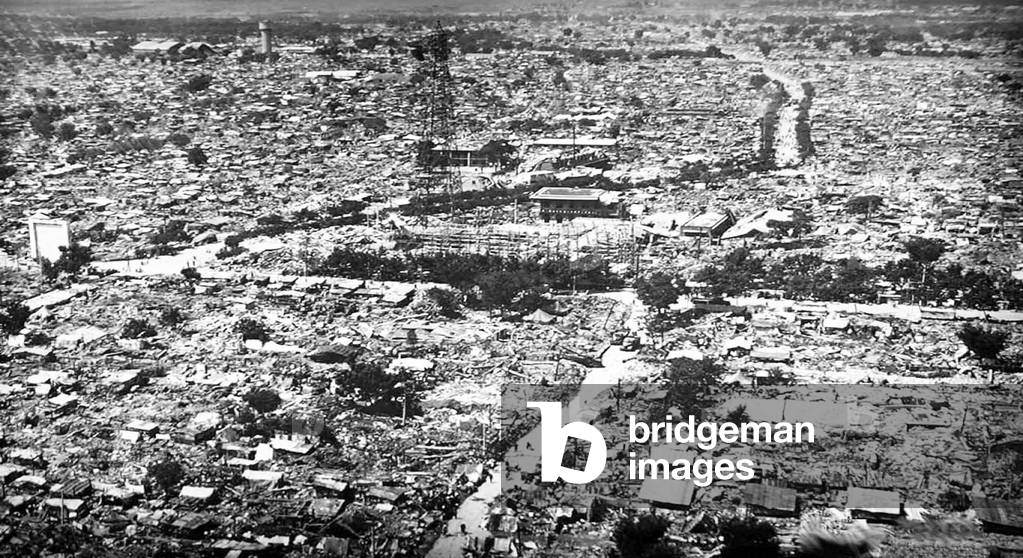 China: The shattered ruins of Tangshan City seen from the air after the disastrous Great Tangshan Earthquake, 28 July 1976