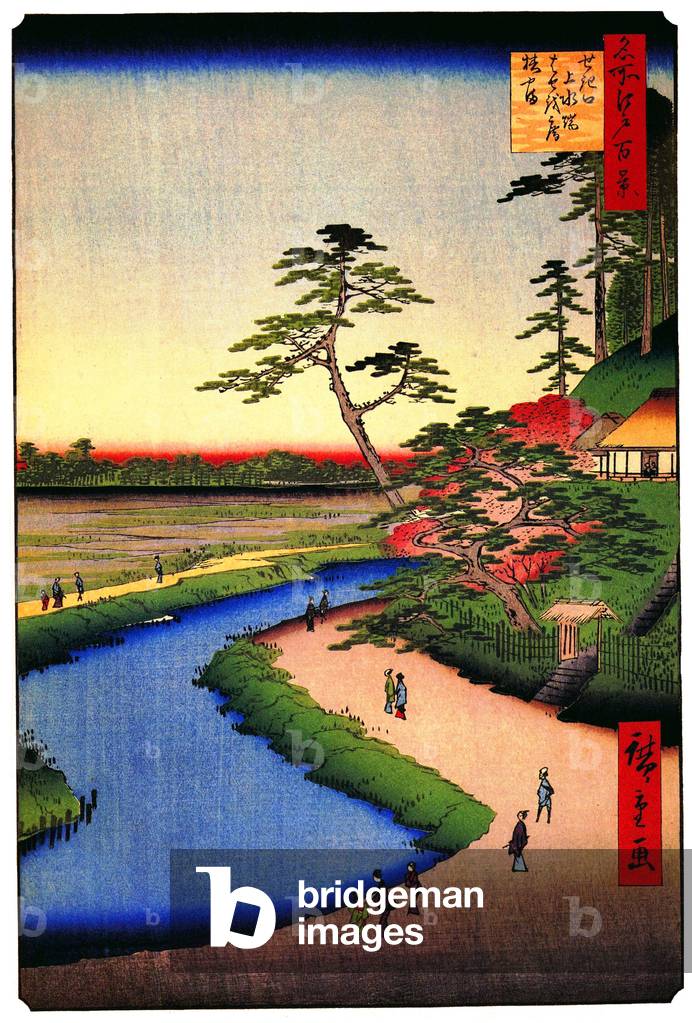 Japan: Spring: Basho's Hermitage on Camellia Hill beside the Aqueduct at Sekiguchi. Image 40 of '100 Famous Views of Edo'. Utagawa Hiroshige (first published 1856-59)