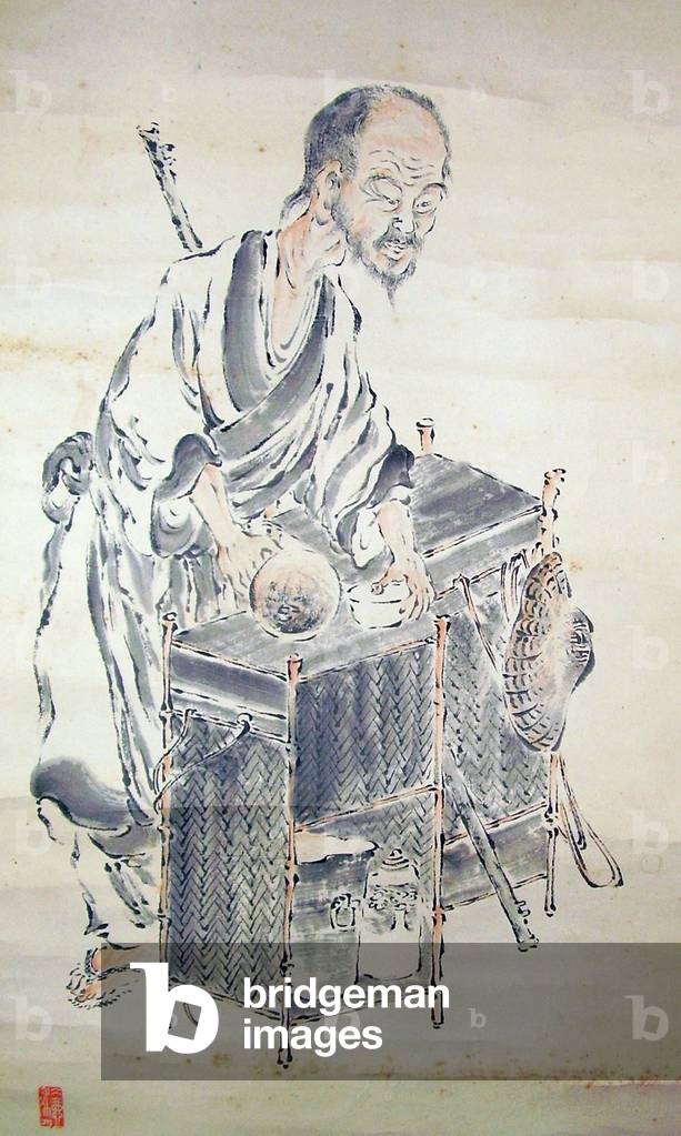 Japan: A painting of Baisao the 'Old Tea Seller' with his portable tea equipment, late 19th century.