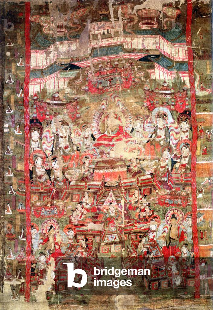 China: Amitabha Buddha residing in his Western Paradise or 'Pure Land', flanked by attendant bodhisattvas Avalokitsevara (left) and Mahasthamaprata (right). Dandan Oilik, Xinjiang, c. 8th-10th century