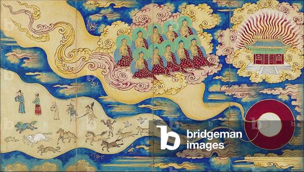 Mongolia: Traditional Buddhist religious painting illustrating bodhisattvas and the heavenly spheres.