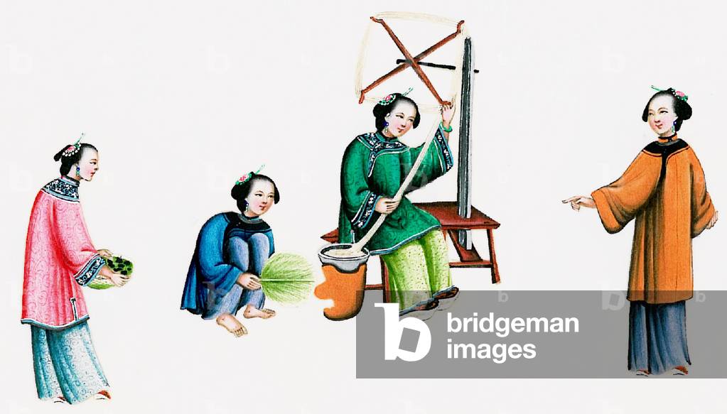 China: Silk Production - spinning thread. Qing Dynasty watercolour painting by an anonymous artist, mid to late 19th century