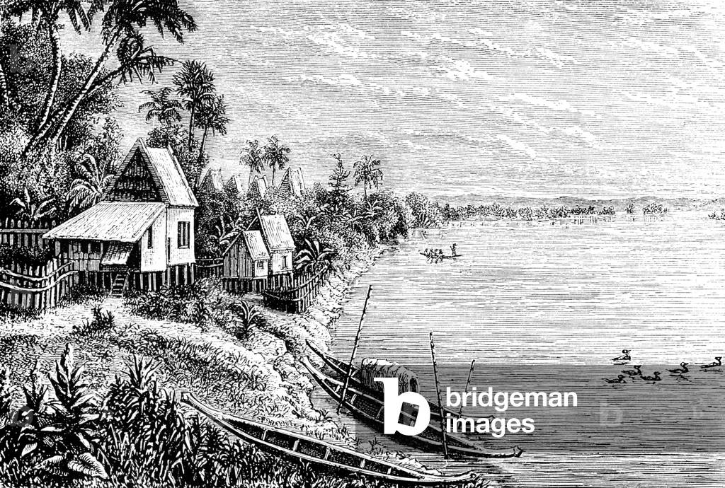 Laos: An 1867 drawing by French expeditioner Louis Delaporte of the harbour at Khong on the Mekong River in Champasak Province in southern Laos.