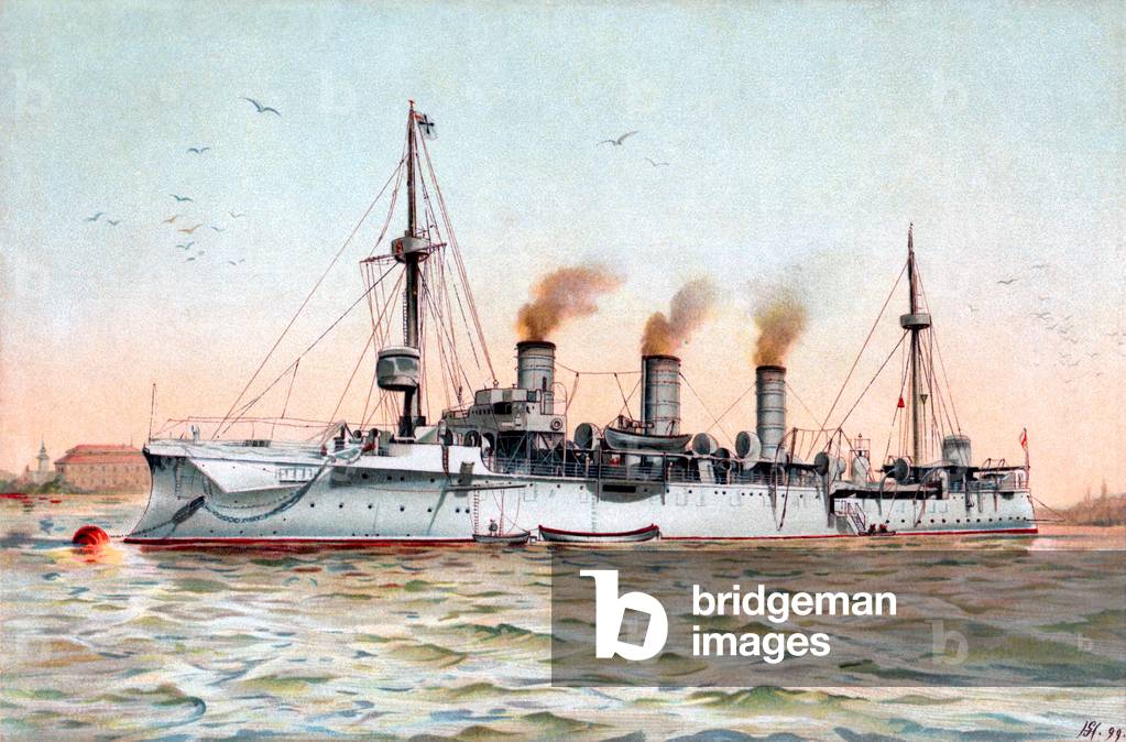Germany / China: The cruiser SMS Gefion of the Imperial German Navy which took part in the Battle of the Dagu (Taku) Forts during the Boxer Rebellion, June 16-17 1900. Colour lithograph, 1902