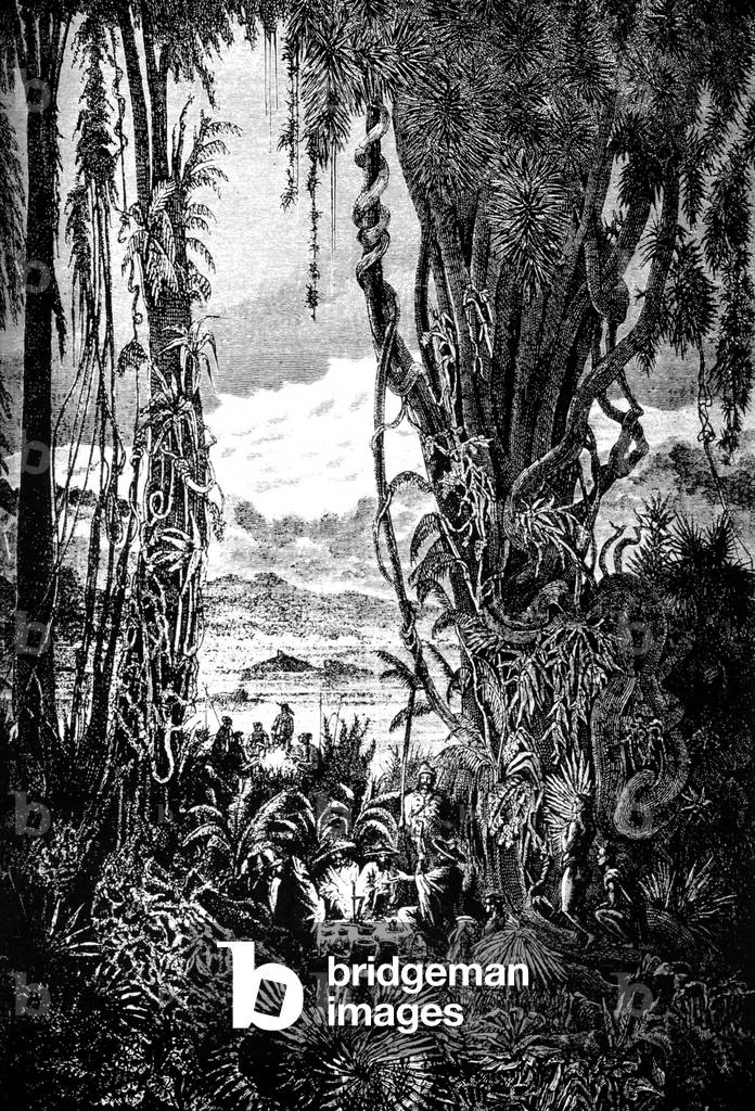 Laos: A French expedition camps at night by the banks of the Mekong River in 1867.