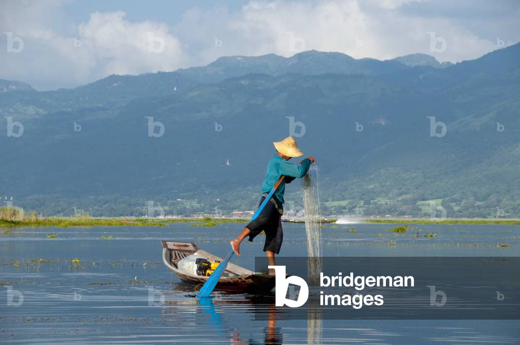 Burma / Myanmar: A leg rowing Intha fisherman on Inle Lake, Shan State