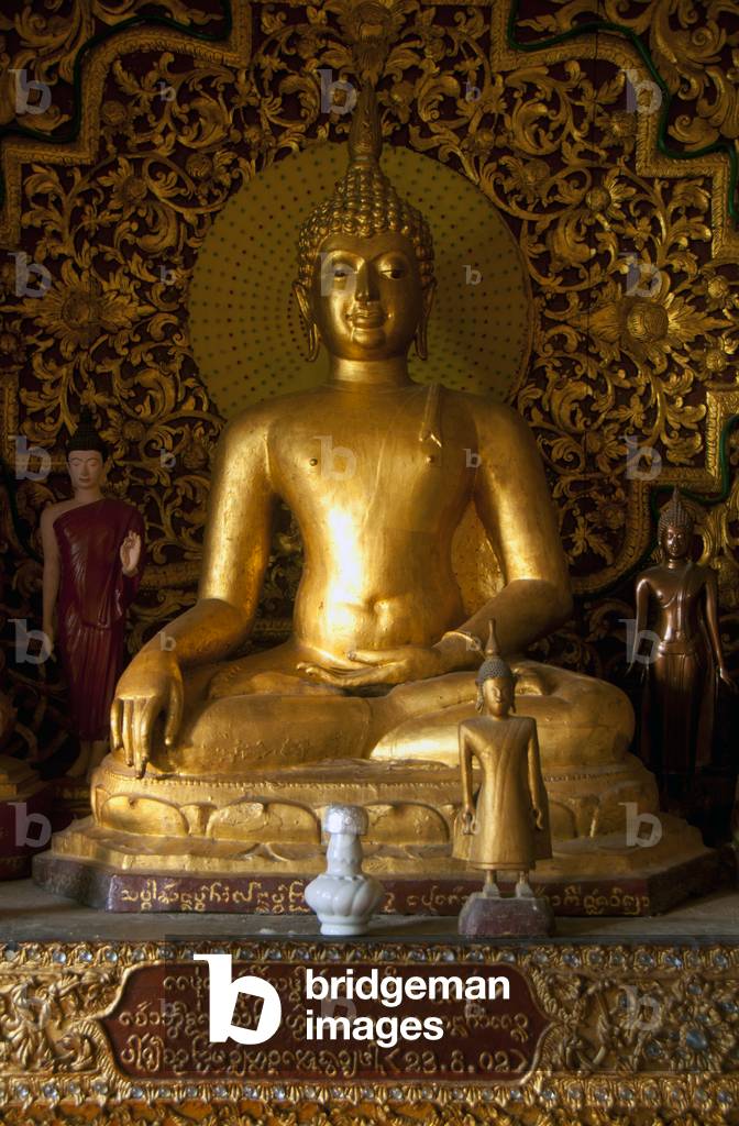 Burma / Myanmar: Local Shan (Tai Yai) style Buddha figure with smaller simple Buddha figure from one of the local hill peoples, Wat Jong Kham (Zom Kham) Pagoda, Kyaing Tong (Kengtung), Shan State