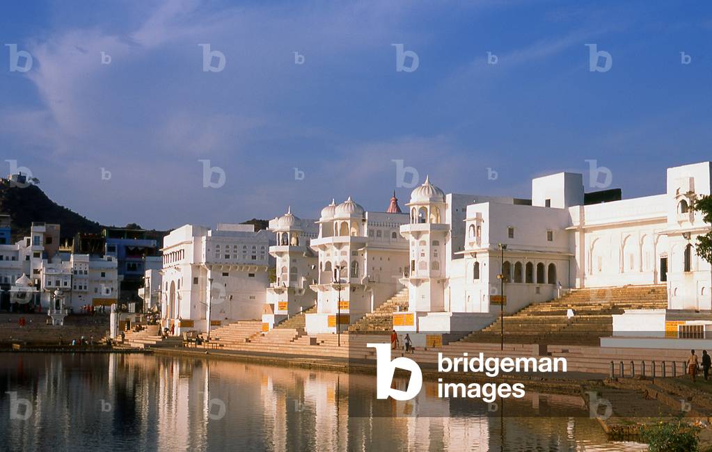 India: Ghats (holy stairs) surround Pushkar's holy lake, Rajasthan