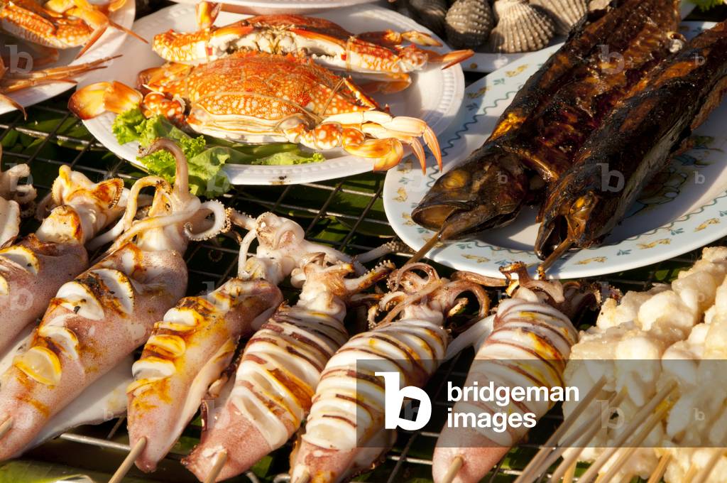 Thailand: A selection of seafood at a stall near Wat Ko Loi, Sri Racha, Chonburi Province