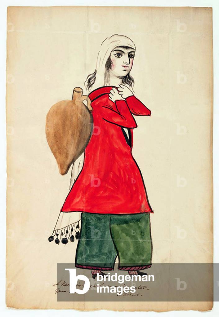 Iran: 'A Nestorian girl carrying water', sketch and watercolour by Justin Perkins, Urmia (1839)