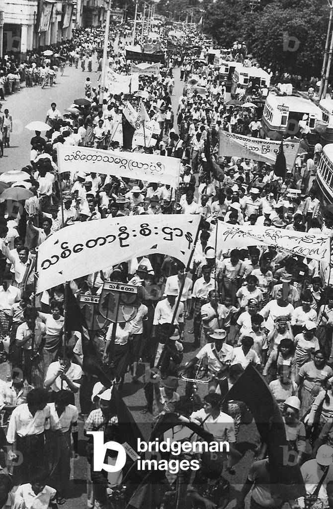 The Forestry Department taking part in the huge pro-democracy demonstrations in Rangoon, 1988 (b/w photo)