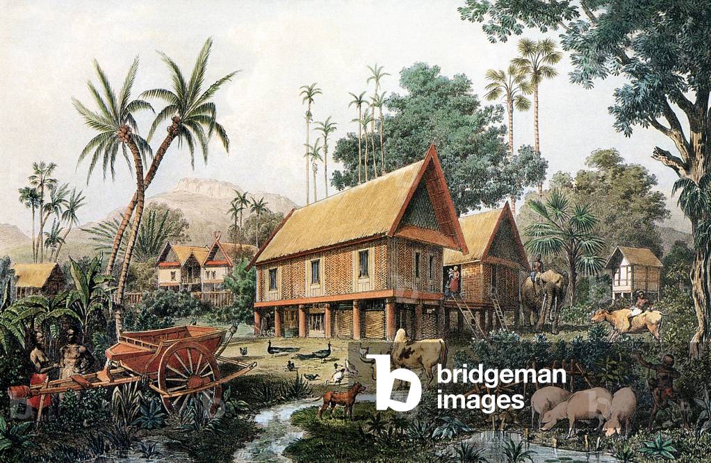 Laos: The house of a wealthy Laotian family, drawn by French expeditioner Louis Delaporte, c. 1866-67.