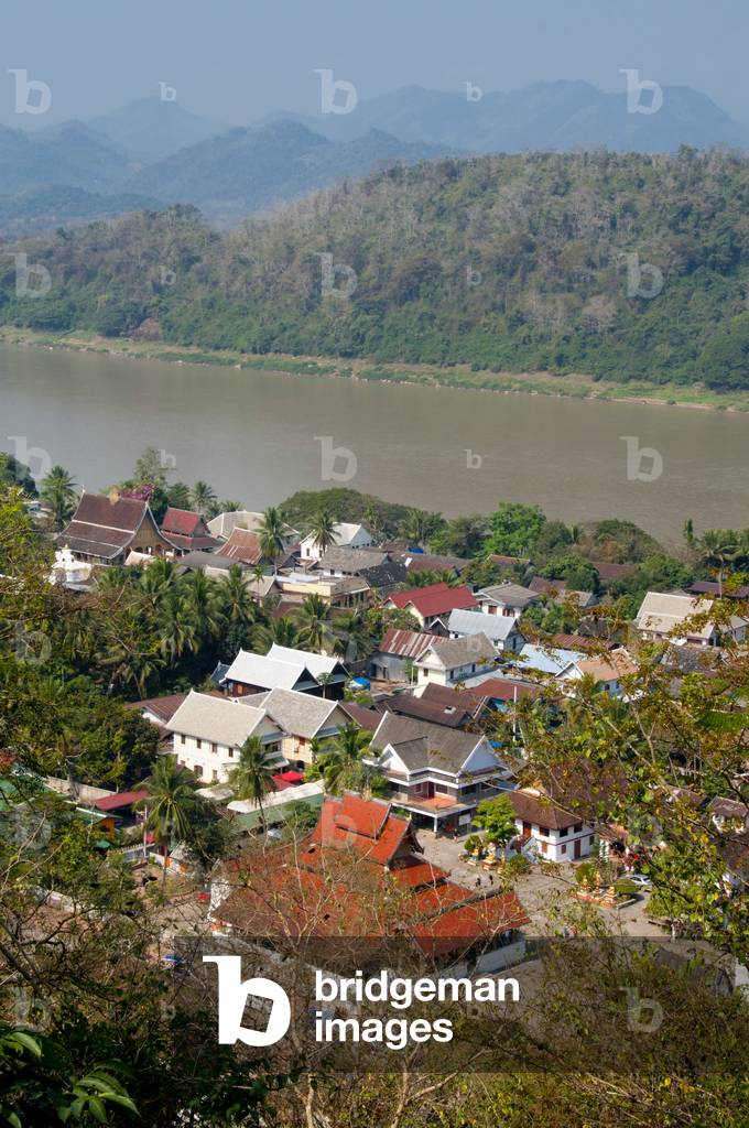 Laos: View from Phousi (Phu Si) Hill towards Wat Mai Suwannaphumaham and the Mekong River, Luang Prabang