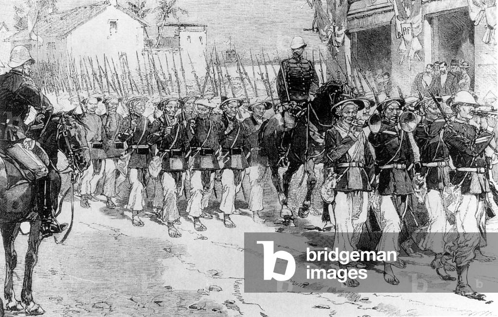 Vietnam: A formation of 'Annamite' soldiers in Tonkin, late 19th century (engraving)
