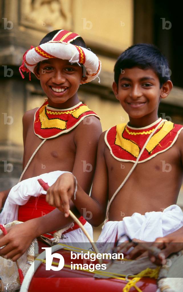 Sri Lanka: Young traditional musicians at a temple festival, Kelaniya Temple, Kelaniya, near Colombo
