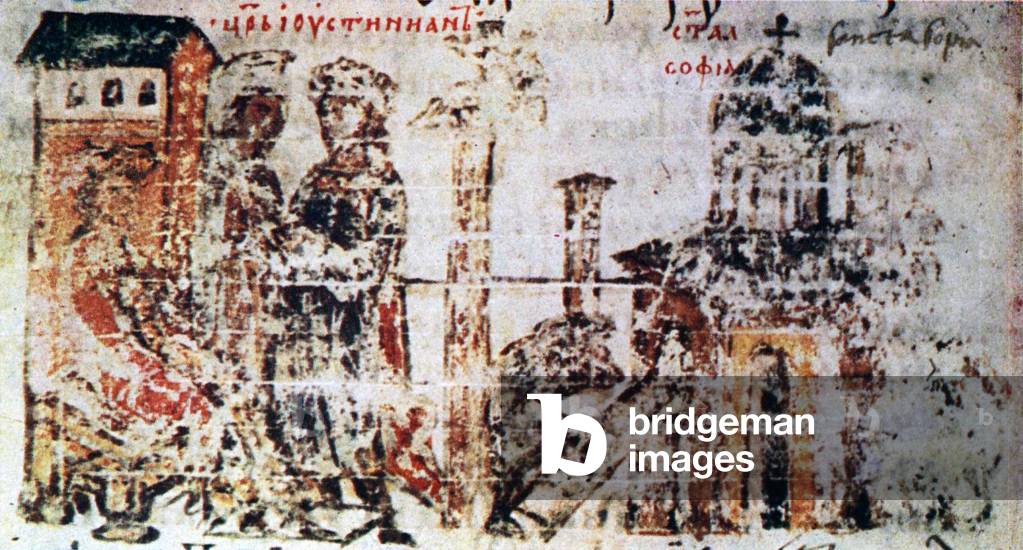 Turkey: Construction of Hagia Sophia / Aya Sofia as depicted in the 14th century Manasses Chronicle.